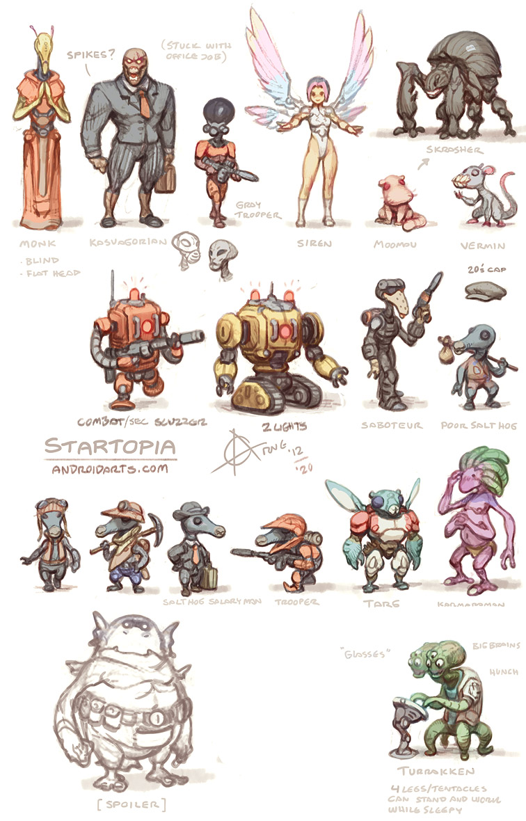 Startopia art, Salt Hog, Scuzzer, Turrakken Grays, Sirens, Skrasher, Karmaramans, Kasvagorian, Vermin, Memau, Targ